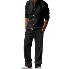 HEARUJOY  -  Men's Four-season Linen Loose and Breathable Long-sleeved Shirt, Casual Long Pants, Beach Suit