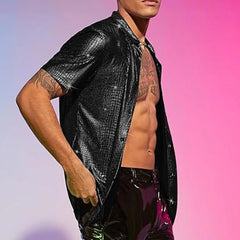 HEARUJOY  -  Male Tops Men Shirt Fashionable Regular Turn-down Collar Disco Stage Shirt Shiny Party Performance Short Sleeve