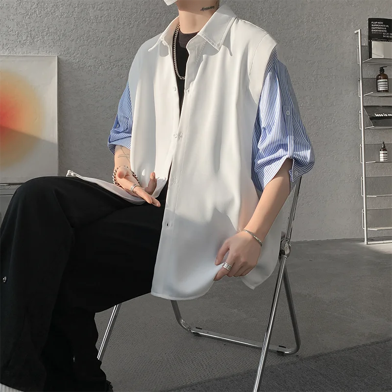 HEARUJOY  -  Summer Short Sleeved Shirt Men Oversized Society Mens Black Dress Shirts Korean Loose Casual White Shirt Mens Striped Shirt