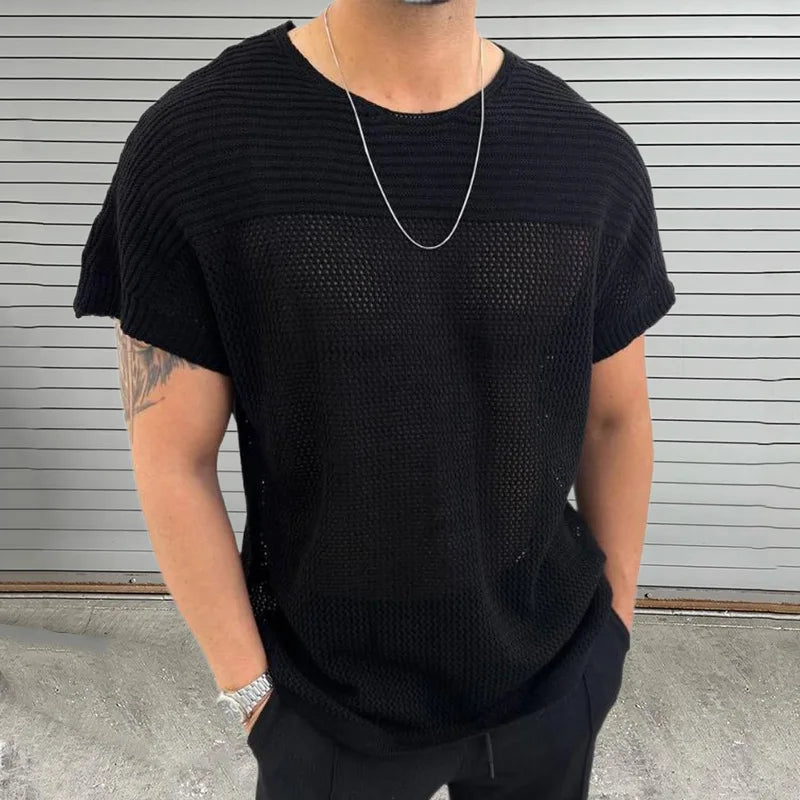 HEARUJOY  -  Summer Thin Hollow Out Knitted T Shirt For Men Round Neck Short Sleeved Pullover Top Fashion Casual Knitwear T-shirts Streetwear