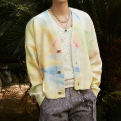 Hearujoy Autumn And Winter Mens Coat Colorful Tie-Dye Knitted Cardigan Coat Versatile Casual Loose Lazy Style Long-Sleeved Sweater