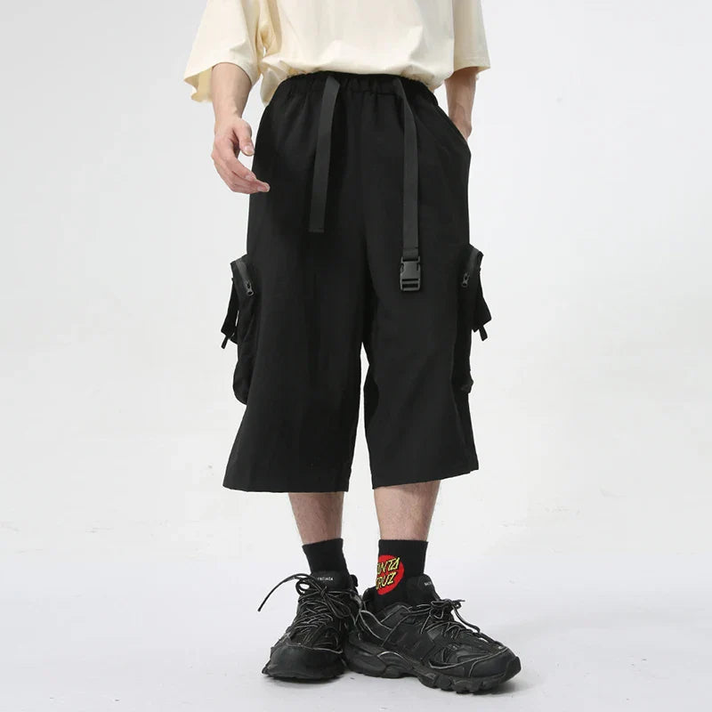 Hearujoy Men's Wear New Stylish Shorts Wide Leg Loose Large Pocket Knee-length Trousers Elastic Waist Lace-up Male Trend 9C6031