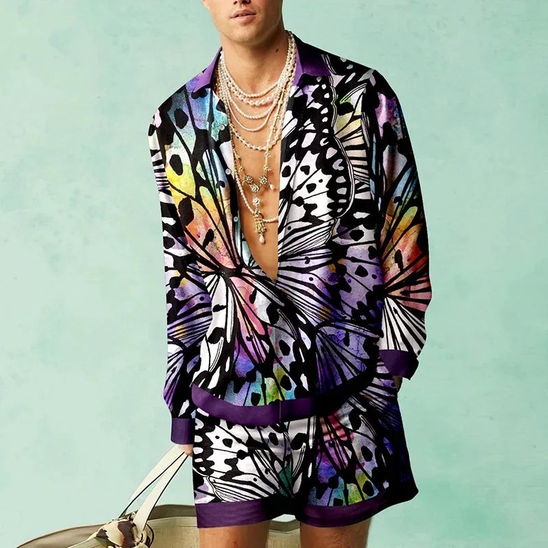 HEARUJOY  -  3D Leopardl Print Men Beach Suits Long Sleeve Lapel Shirts And Shorts Two Piece Set Fashion Hawaiian Casual Loose Outfits
