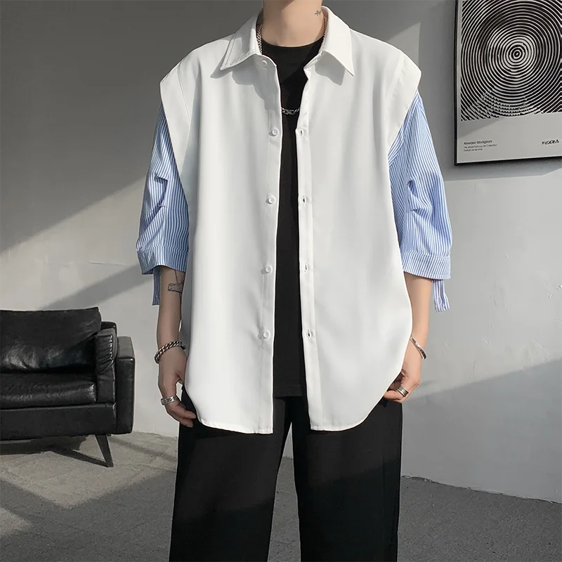 HEARUJOY  -  Summer Short Sleeved Shirt Men Oversized Society Mens Black Dress Shirts Korean Loose Casual White Shirt Mens Striped Shirt