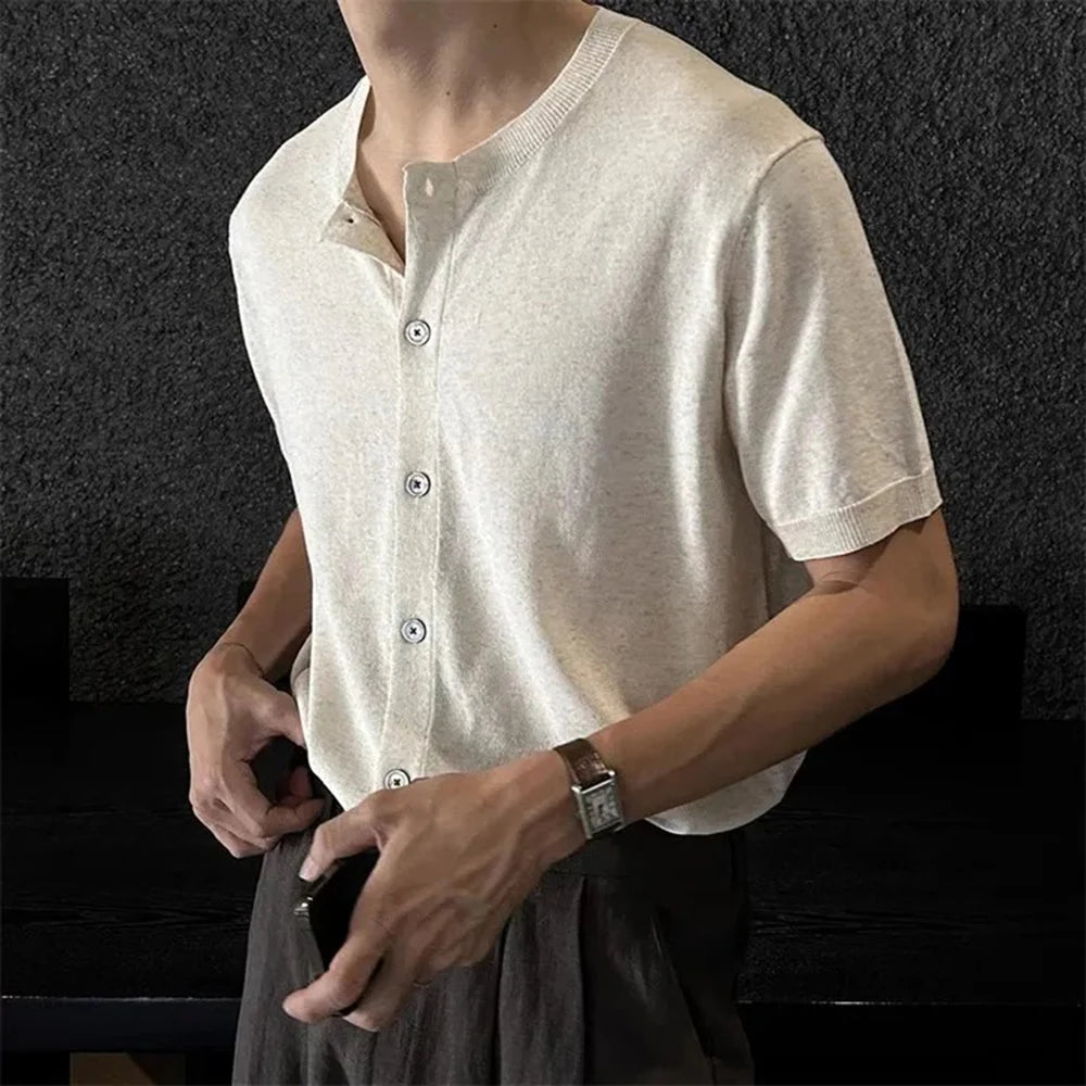 HEARUJOY  -  Men's Solid Color Knitted Cardigan Short-Sleeved Shirt American Retro Fashion Trend Street Loose Breathable Niche Men's Tops