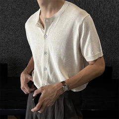 HEARUJOY  -  Men's Solid Color Knitted Cardigan Short-Sleeved Shirt American Retro Fashion Trend Street Loose Breathable Niche Men's Tops