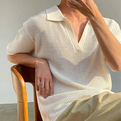 HEARUJOY  -  Summer New Men's Hollow Solid Color Knitted Short-Sleeved T-Shirt Retro Fashion Trend Casual Simple Loose Breathable Men's Tops