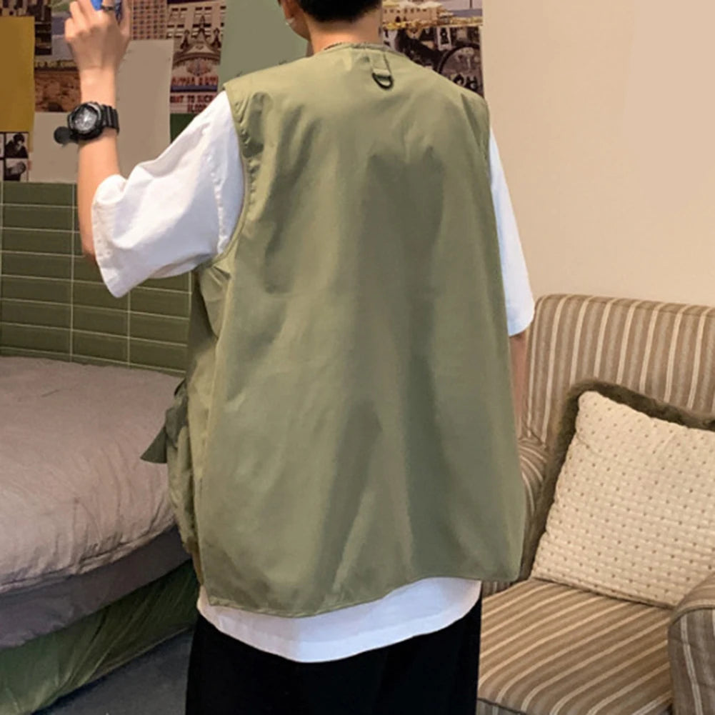 HEARUJOY  -  Beach Holiday Green Men Cargo Vest Multi-pocket Sleeveless Vest Loose Fit Waistcoat Good For Vacation Polyester Fabric