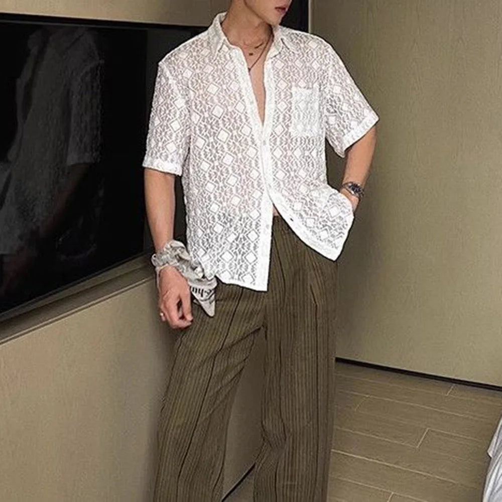 HEARUJOY  -  Mens Shirt Lace See-Through Transparent Geometric Shirt Summer Beach Vacation Hawaiian Slim Short Sleeve Top Men'S Clothing