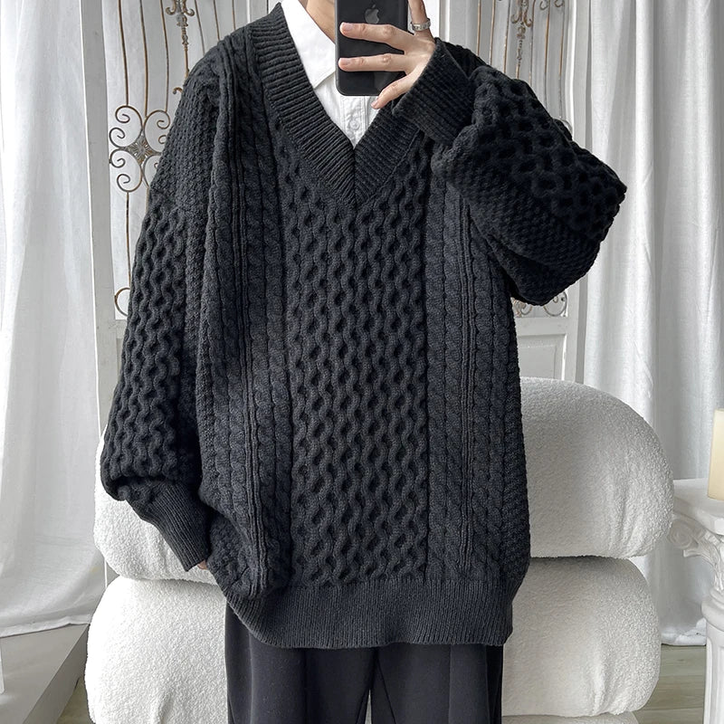 Hearujoy Winter Sweater Men Warm Oversized Casual Knitted Pullover Men Korean Loose V-neck Long Sleeved Sweater Mens Jumper Clothes