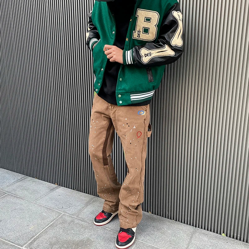 Hearujoy Streetwear Graffiti Cargo Flared Jeans Khaki Black Splash Ink Wide Leg Denim Pant Hip Hop Cargo Trousers Jean Men