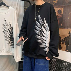 HEARUJOY  -  Dark Feather Wings Printed Round Neck Sweater Men's Fall Plus Size Plus Size Loose Pullover Versatile Top