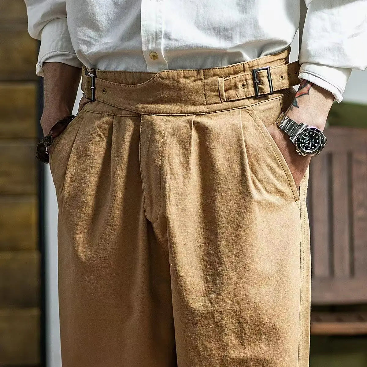 HEARUJOY  -  Spring Autumn Vintage Men's Gurkha Pants British Style Casual Straight Trousers Adjustable Waist Belt Naples Pant For Male