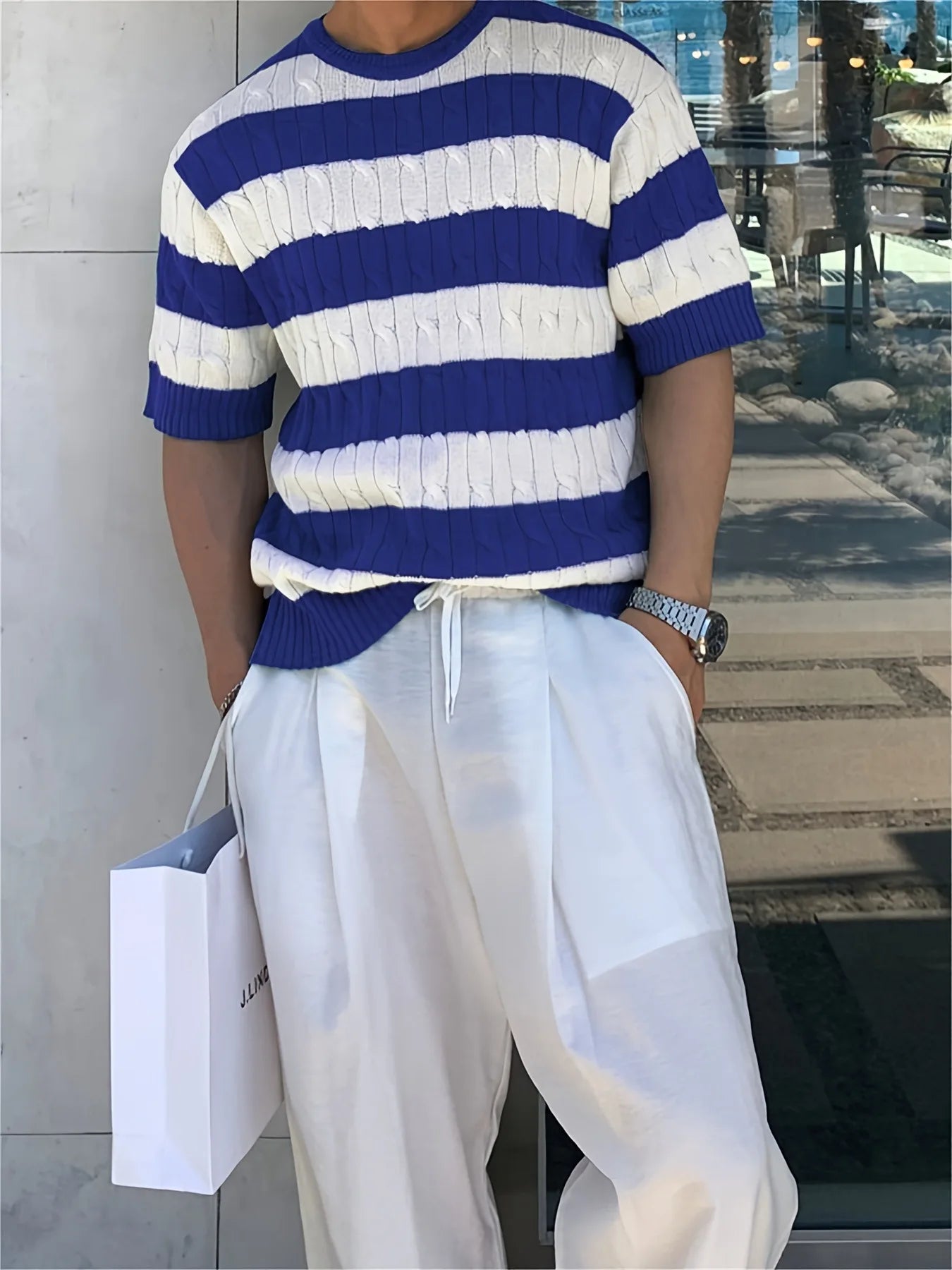 HEARUJOY  -  Summer Men O Neck Retro Tee Striped Ice Silk Knitted T-shirt Slim Short Sleeved Top Fashion Casual Knitwear Versatile Tshirts