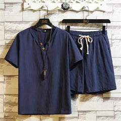 HEARUJOY  -  Cotton Linen T-shirts Shorts Suits for Men V-neck Plain Sports Novelty in New Tops & Tees Aesthetic Kpop Regular Fit Man Sets