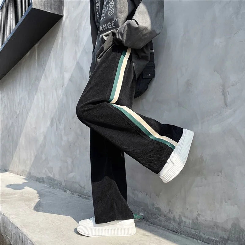 Hearujoy American Street Pants Loose Corduroy Patchwork Striped Pants Men Contrasting Elastic Waist Drawstring Straight Casual Trousers