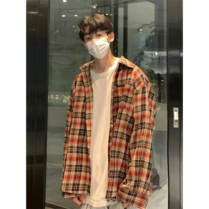Hearujoy Autumn Long Sleeved Shirt Men Oversized Retro Plaid Shirt Men Streetwear Korean Loose Casual Shirt Mens Vintage Shirts M-3XL
