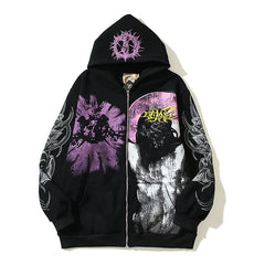 Hearujoy American Street Fashion Ins Bieber Retro Religious Figure Print Hooded Sweatshirts Y2k Embroidery Zip Up Hoodies Mens Clothing