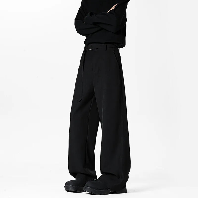 HEARUJOY  -  Grey Belt Suit Pants Men Fashion Society Mens Black Dress Pants Korean Loose Wide Leg Pants Mens Office Formal Trousers M-3XL