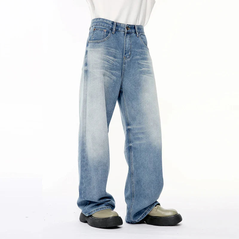 Hearujoy Fashion Men's Denim Pants Casual Worn-out Washing Wide Leg Jeans Vintage Loose Straight Male Trousers Summer 9C6395