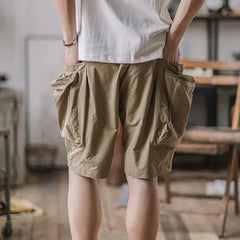 Hearujoy Summer Cargo Pants Men's Vintage Belt Design Safari Style Shorts Fashion Casual Baggy Pocket Zipper Sports Knee Length Trousers