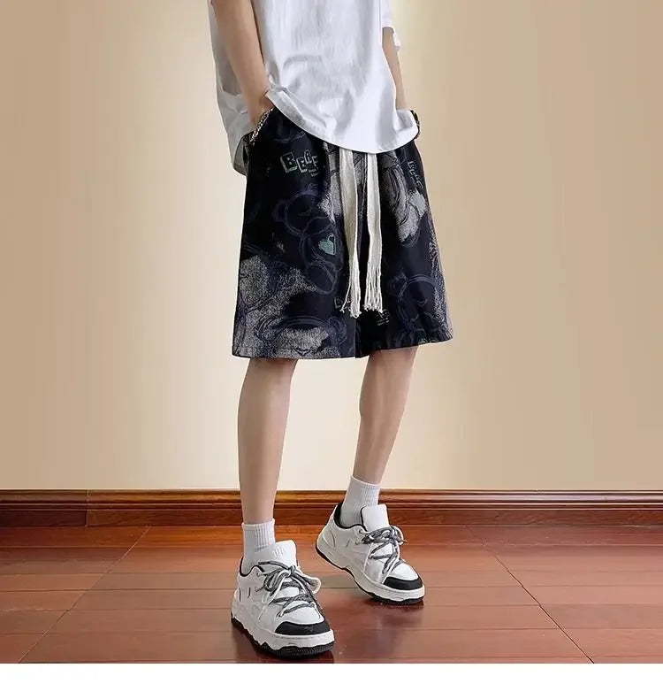 HEARUJOY  -  Men's New Spliced print Five-point Loose Drawstring Design Bear Print Shorts