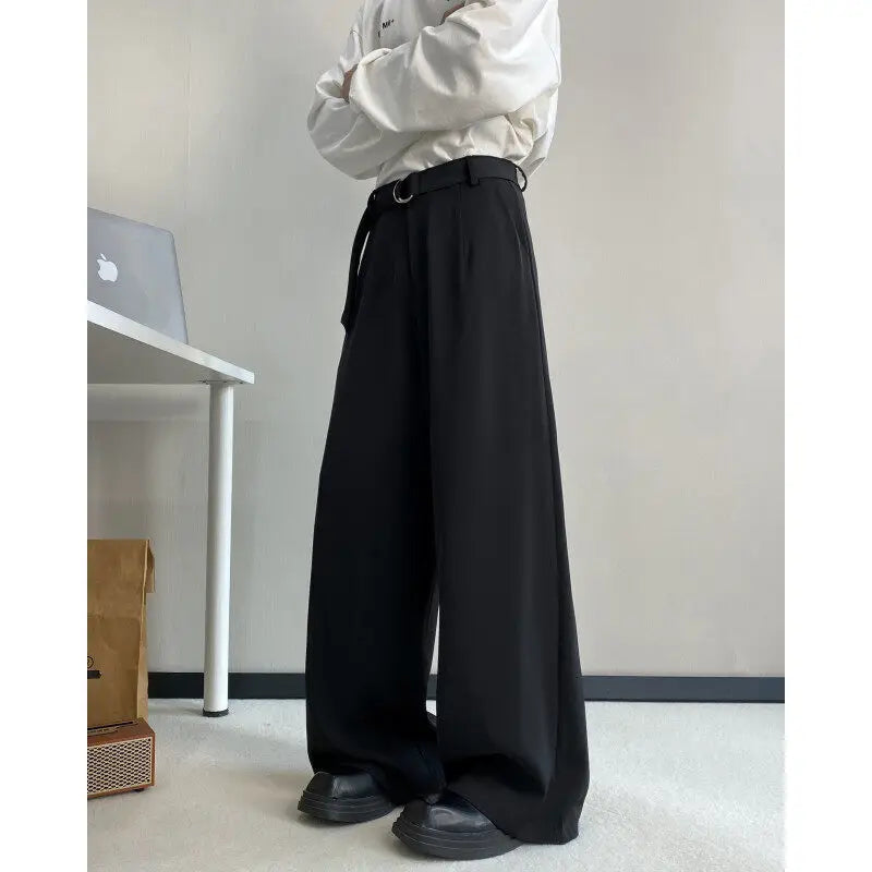 HEARUJOY  -  Belt Suit Pants Men Fashion Society Mens Black Dress Pants Korean Loose Wide Leg Pants Mens Office Formal Trousers Plus Size