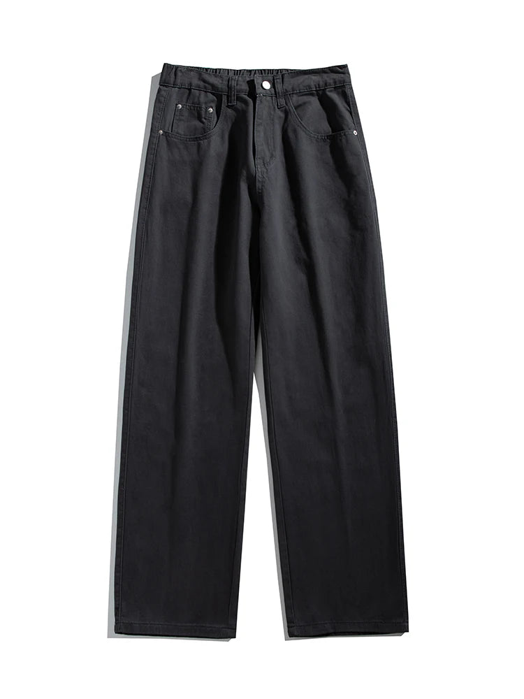HEARUJOY  -  Korean Style Men’s Casual Pants for Spring Summer 100% Cotton Elastic Waist Solid Color Wide Leg Slacks Loose Straight Trousers