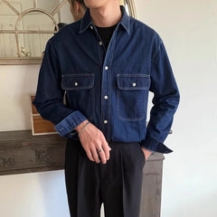 HEARUJOY  -  American Vintage Men's Denim Shirt Safari Style Double Pocket Lapel Long Sleeve Top Spring Autumn Fashion Streetwear Shirts Male