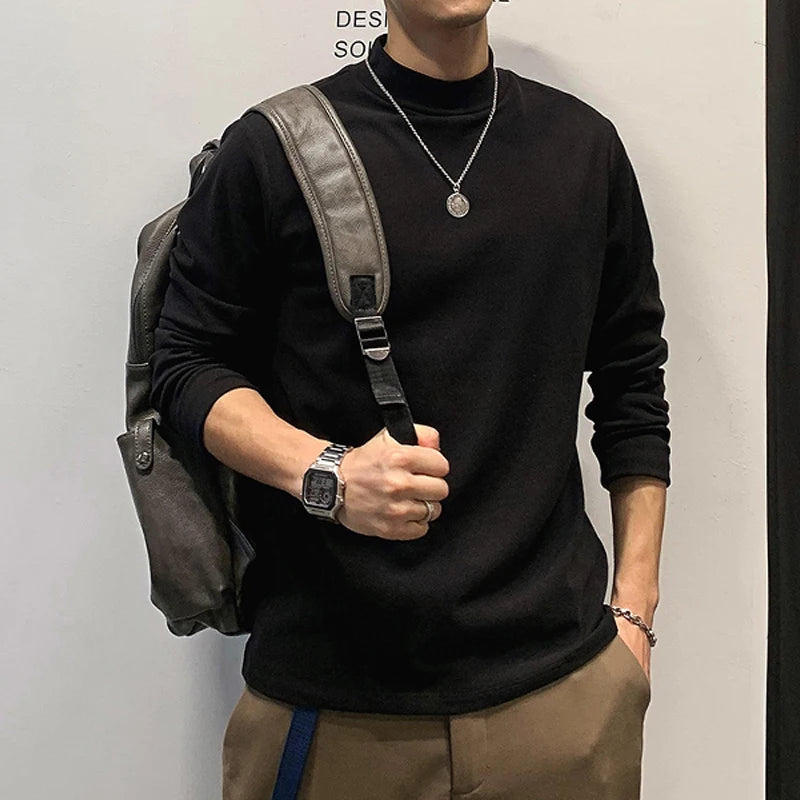 HEARUJOY  -  Autumn and Winter New Temperament Versatile Commuting Men's Clothing Fashion High Collar Simplicity Solid Color T-shirt
