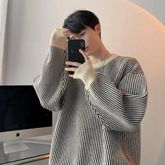 Hearujoy  Striped Knitted Sweater Coat Men Japanese Oversize Casual Autumn Winter Loose O-neck Pullovers for Man Streetwear