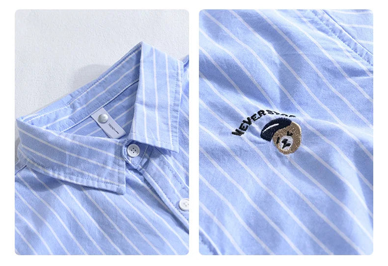 HEARUJOY  -  Men's Cotton Long Sleeve Shirt Spring Summer Casual Bear Embroidered Striped Long-sleeved Square Collar Breathable Shirts Man