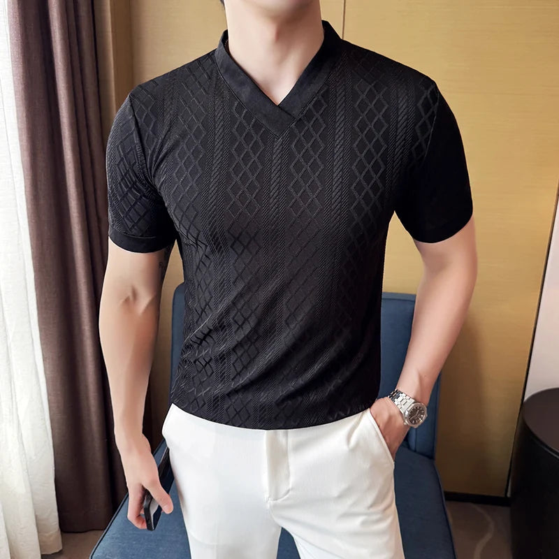 HEARUJOY  -  Men's Slim V-Neck Spring Summer Stretch Knit Top  Geometric Texture, Breathable Layering Base for Casual & Smart-Casual Outfits