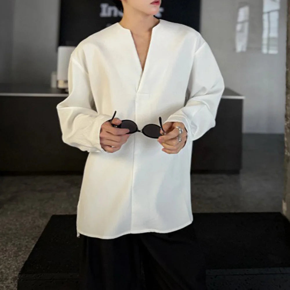 HEARUJOY  -  Mens Shirt V-Neck Sexy Nightclub Shirt Streetwear Ballroom Fashion Elegant Versatile Long-Sleeved Top Men'S Clothing 2025 New