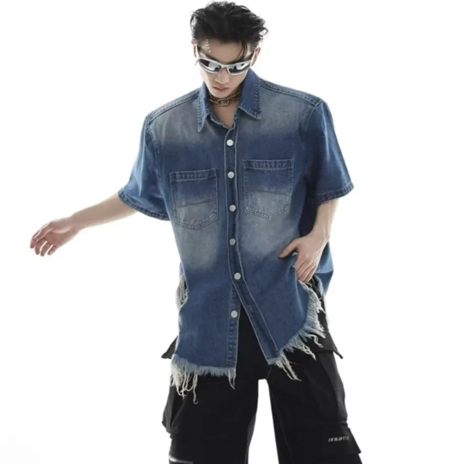 HEARUJOY  -  Y2K Cowboy Shirt Mens Summer Thin Shoulder Pads Retro Washed Short Sleeved Denim Jacket Hip Hop Burr Edge Design Loose Tops