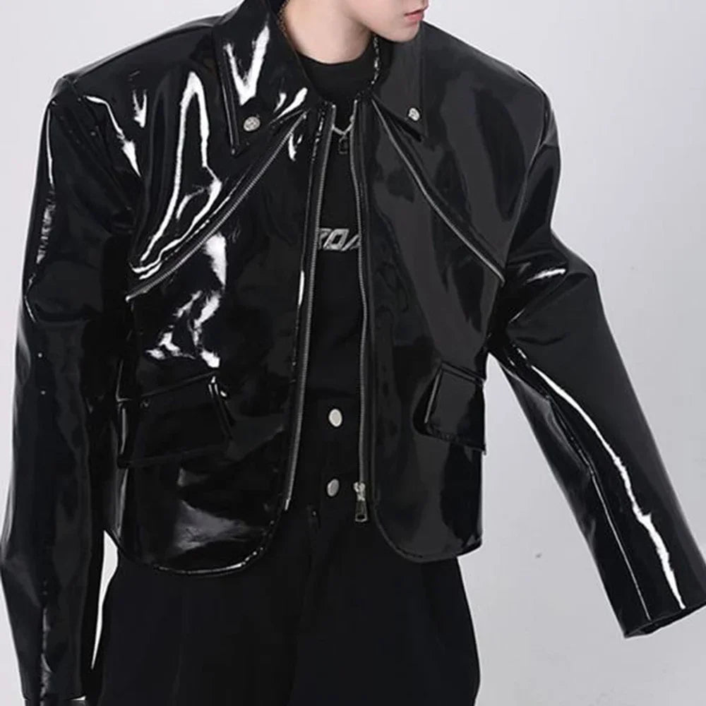 Hearujoy Mens Jacket Shiny Leather Jacket Handsome Performance Stage Outfit Autumn Elegant British Excellent Patent Leather Jacket