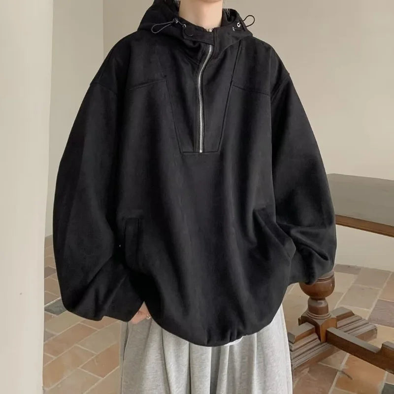 HEARUJOY  -  Japanese Retro Semi-zipper Solid Color Hooded Sweatshirt Men Women Autumn Winter Trendy Brand Loose Couple Casual Jacket