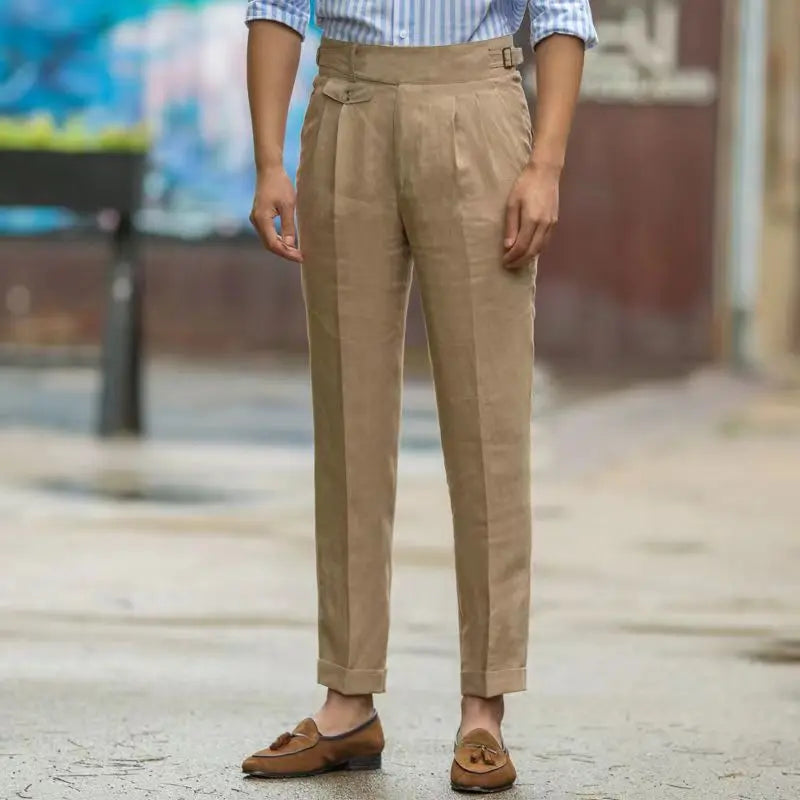 HEARUJOY  -  British Style Men Gurkha Linen Pant High Waist Straight  Ankle-Length Pants Spring Summer High Quality Thin Casual Loose Trouser