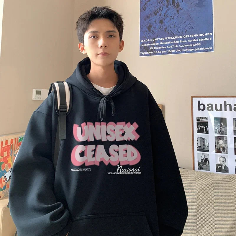 HEARUJOY  -  Men's Oversized Hoodie Black With Hat 5XL Hoodies Oversize for Men Letter Print Man Casual Wear Hoody Male Sweatshirt Unisex