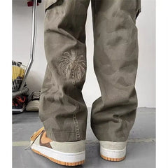 HEARUJOY  -  Washed Camouflage Work Pants American Retro Military Green Embroidered High Street Versatile Straight Casual Trousers
