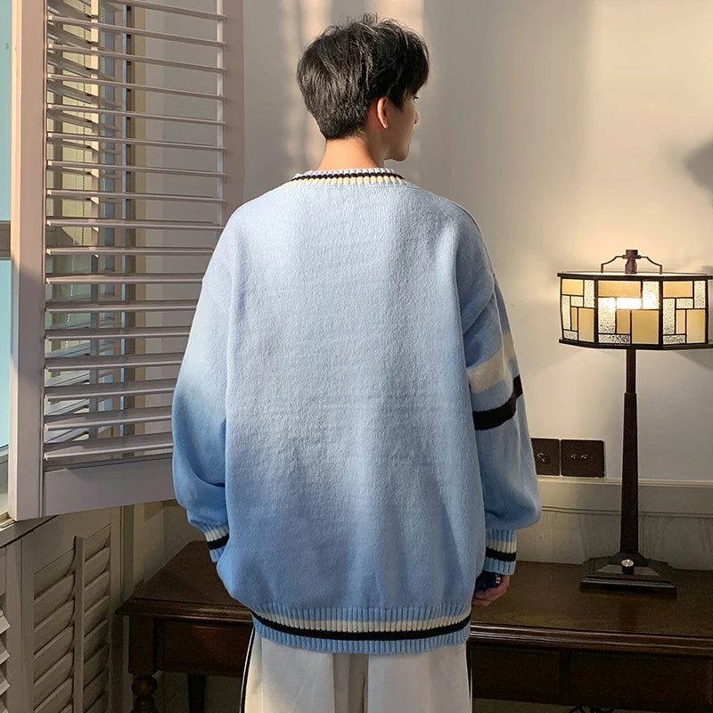 HEARUJOY  -  Preppy V-neck Sweater for Men Couples Pullovers Ins Knitted Top Autumn Korean Trendy Loose-fit Line Clothes for Students Youth