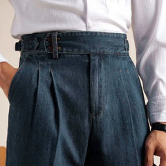 HEARUJOY  -  Naples Loose Washed High Grade Business Pant Men Dress Trouser High Quality Cotton Blend Double Pleated Jeans Straight Leg Pant