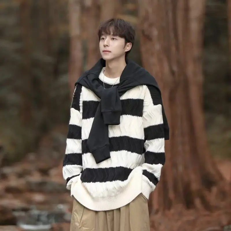 HEARUJOY  -  Men Trendy Striped Simple Casual Streetwear All Match Knitted Sweater Korean Youth Round Neck Long Sleeve Oversize Pullover Tops