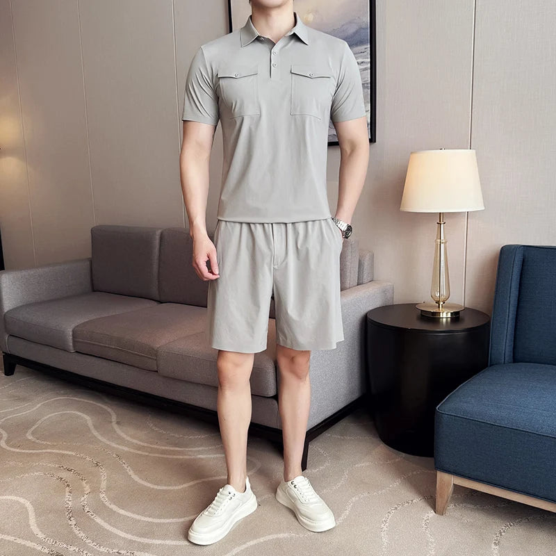 HEARUJOY  -  (Polo Shirt + Shorts) Plain Color Man Sets High Quality Breathable Elastic Short Sleeve Polos T Shirt And Knee Length Shorts Men
