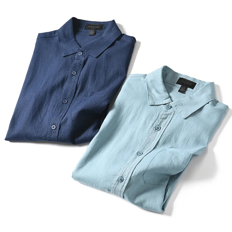HEARUJOY  -  Men's Summer Cotton Linen Shirt Solid Color Skin Friendly Breathable Short Sleeve Lapel Shirts With Chest Pocket