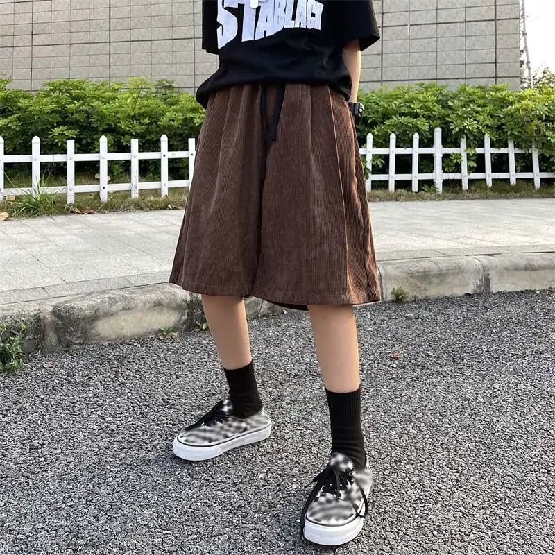 Hearujoy Brown Corduroy Shorts Oversized Baggy Five Point Trousers Summer Korean Fashion Wide Leg Pants Ins Hip Hop Bottoms Men and Women