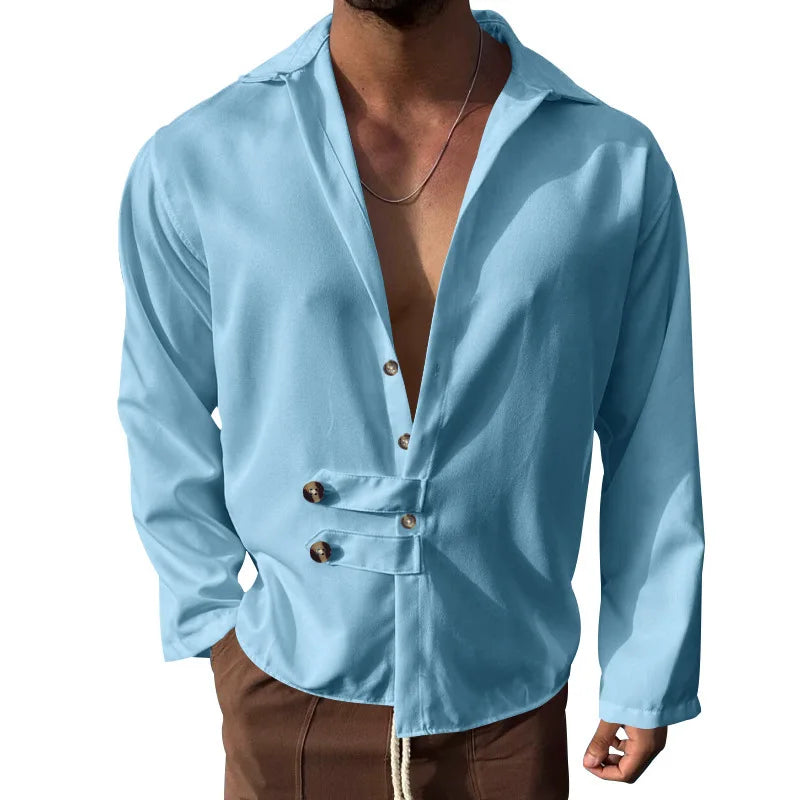 HEARUJOY  -  Men's Spring and Autumn Long Sleeve T-shirt Casual Loose Cardigan Lapel Button Down Shirt