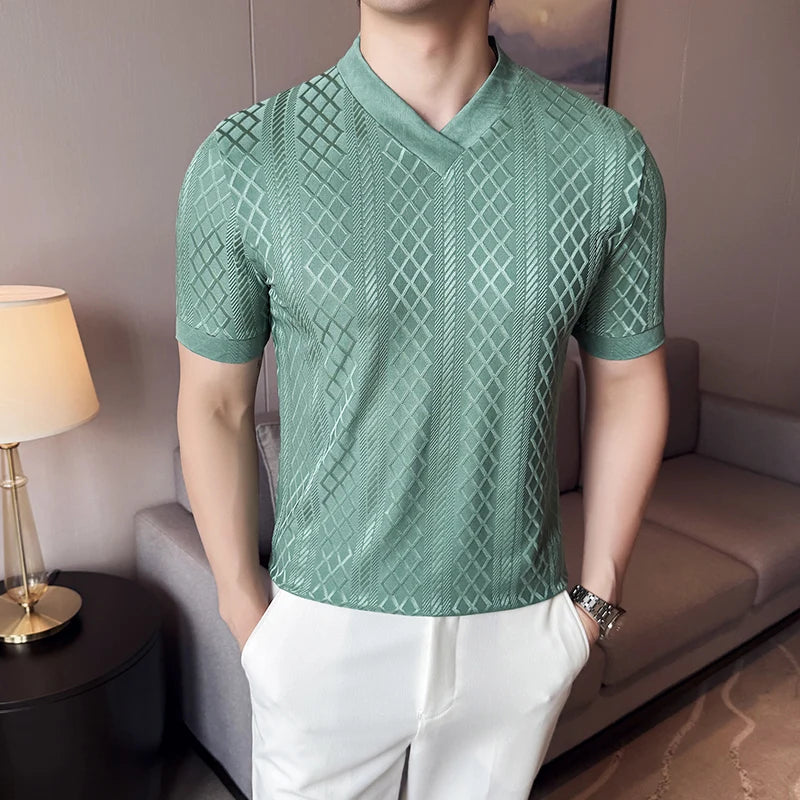 HEARUJOY  -  Men's Slim V-Neck Spring Summer Stretch Knit Top  Geometric Texture, Breathable Layering Base for Casual & Smart-Casual Outfits