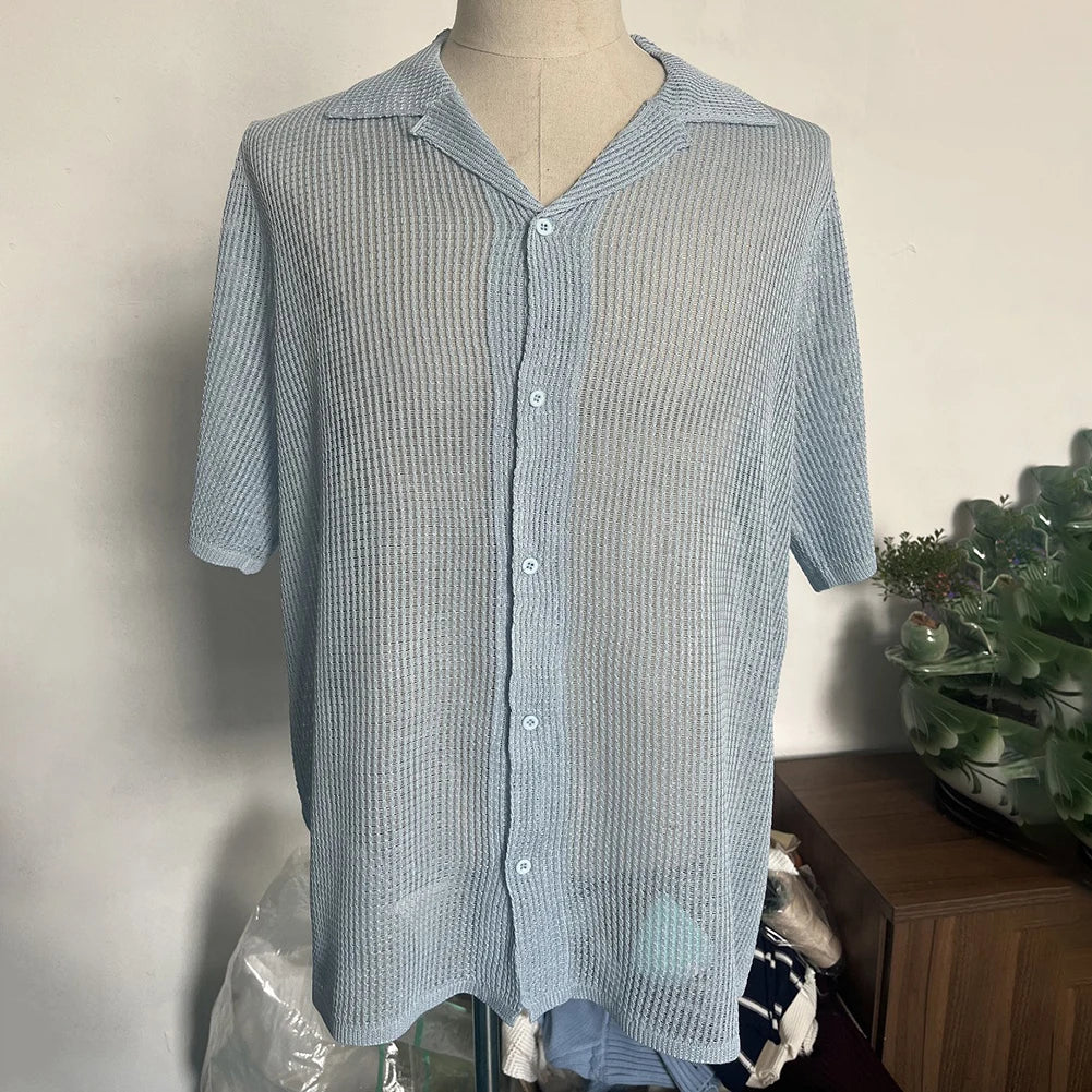 HEARUJOY  -  Top Men\'s Shirt Men's Shirt Fashion Streetwear Tops Hollow Out Knitted Men Sexy Beach Shirts Breathable Hot New