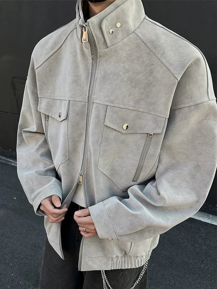 HEARUJOY  -  Vintage Men's Stand Collar Zip-up Jacket Coat Fall Winter New Casual Multi Pockets Cargo Jackets For Men Fashion Cardigan Tops